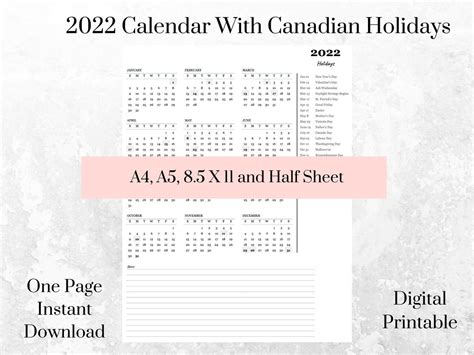 Printable 2022 Canadian Holidays Yearly One Page Calendar Etsy