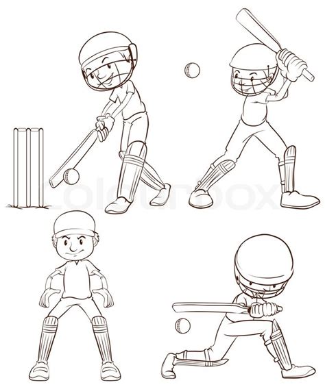 Illustration Of The Plain Sketches Of The Cricket Players On A White
