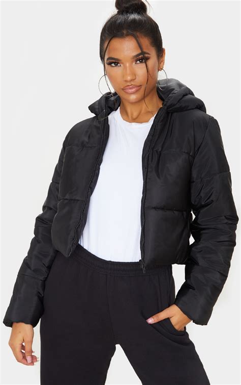 Black Hooded Cropped Puffer Prettylittlething