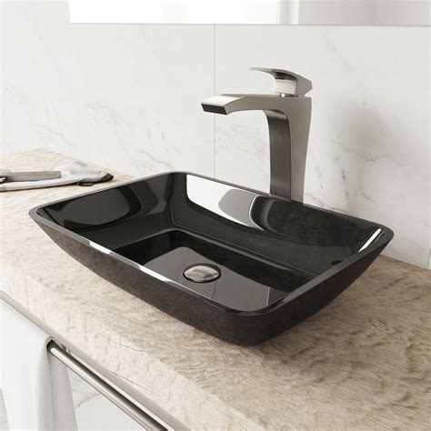 The tempered glass sink features a textured exterior and a glossy, polished interior that references the beauty of water. VIGO Rectangular Gray Onyx Glass Vessel Bathroom Sink Set ...