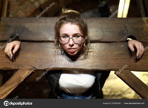Portrait Girl Wooden Pillory Stock Photo By Achubykin