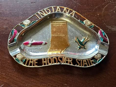 Vintage State Of Indiana Hand Painted Tin Metal Souvenir Ashtray Made