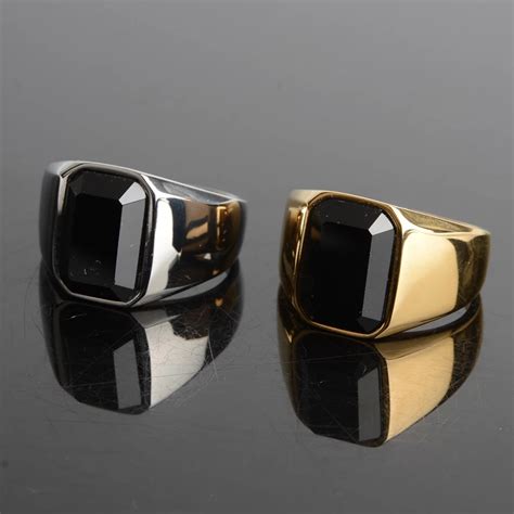 Stainless Steel Signet Ring With Black Crystal Tooshup