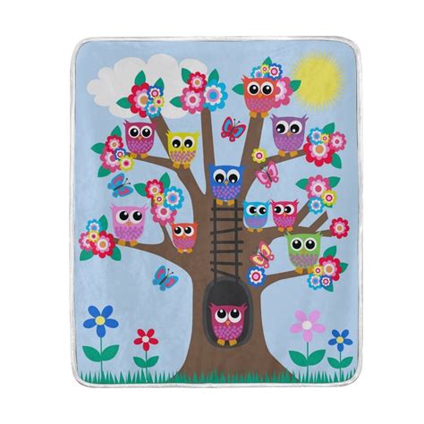 Cute Colorful Owl On Tree Blanket Soft Warm Cozy Bed Couch Lightweight