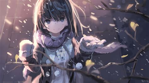Download 2560x1440 Anime Girl Scarf Snow Winter Short Hair