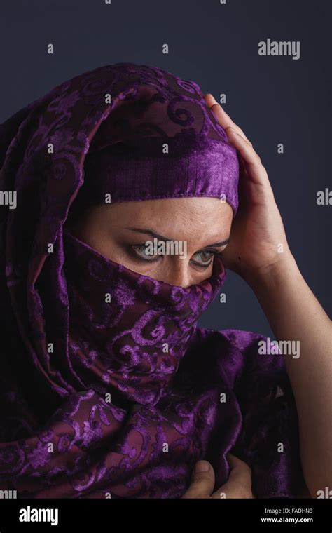 Religious Beautiful Arabic Woman With Traditional Burqa Veil Stock