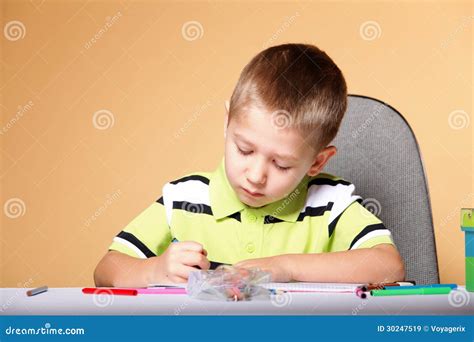 Young Cute Boy Draws With Color Pencils Stock Image Image Of