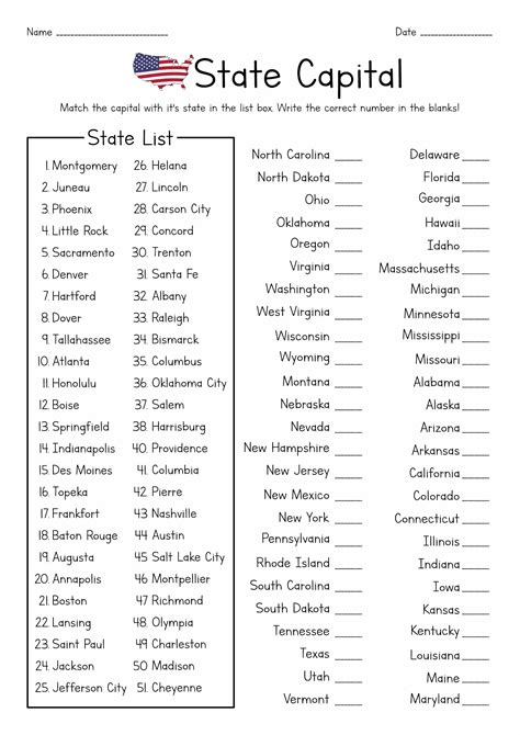 50 States And Capitals Worksheets