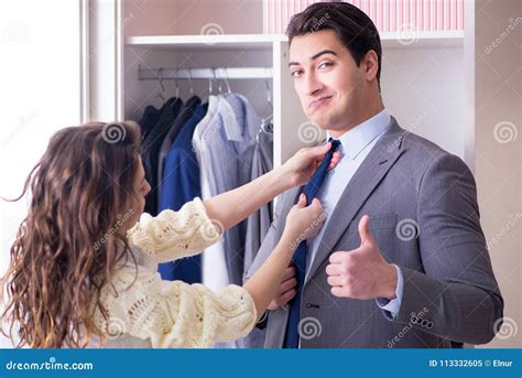 The Wife Helping Husband To Get Dressed Up Stock Image Image Of Formal Clothes 113332605