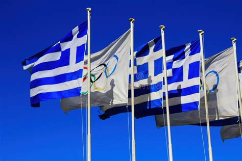 Greek Flags And Olympic Flags Waving Stock Photo Image Of Athens