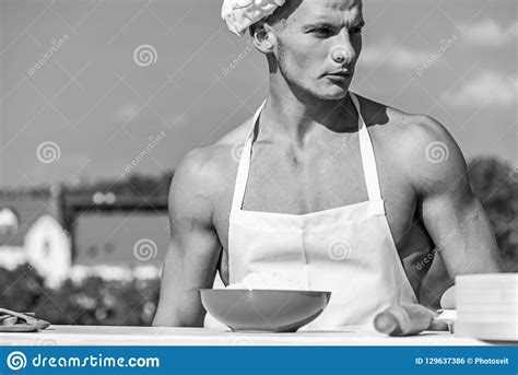 Chef Cook With Nude Muscular Torso Man On Confident Face Wears Cooking