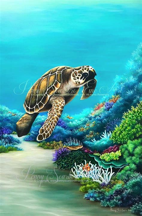Original Oil Painting Of A Loggerhead Sea Turtle Drifting Over A Coral