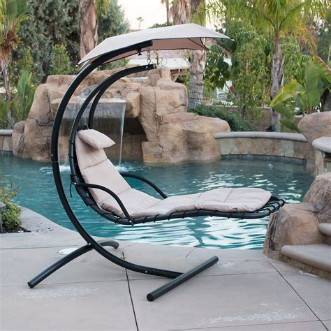 Convenience and comfort, all in one stunning package picture this: Belleze Hanging Chaise Beige Lounger Chair Arc Stand ...