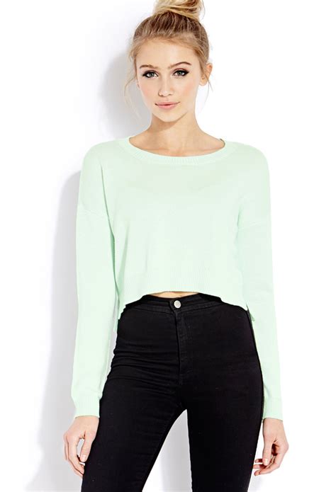 Lyst Forever 21 Drop Sleeve Cropped Sweater In Green