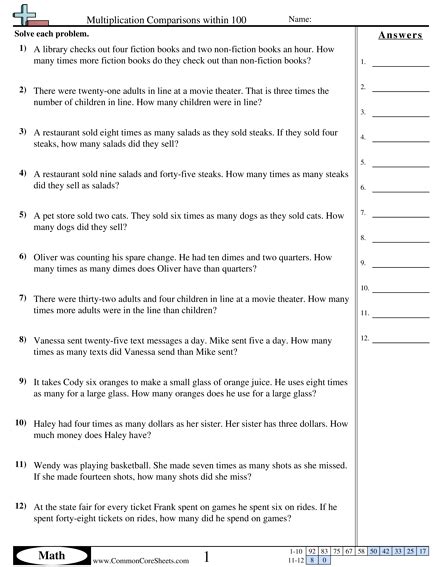 Multiplication As Comparison Worksheets