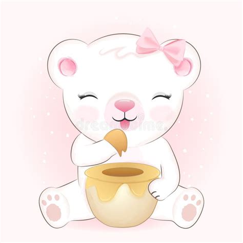 Cute Little Bear And Honey Jar Hand Drawn Cartoon Illustration Stock
