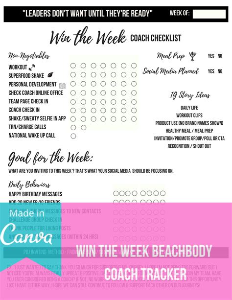 Win The Week Beachbody Coach Tracker Etsy
