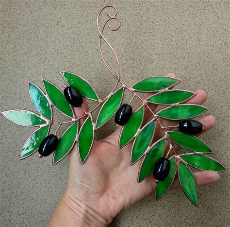 faux olive branch stained glass window hanging suncatcher etsy