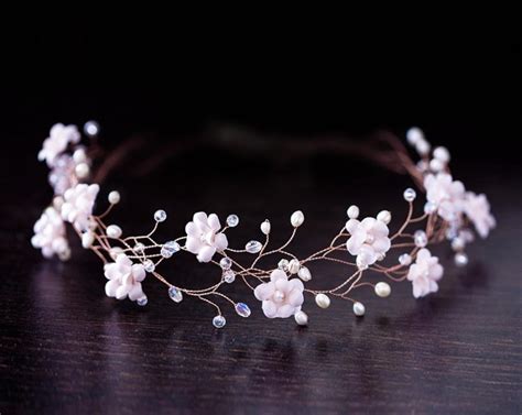 32 blush flower tiara rose gold bridal crown pink flower crown pearl tiara wedding tiara