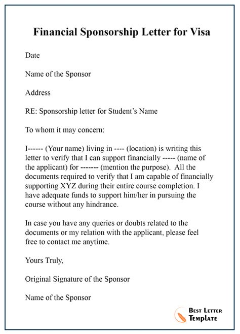 Sponsorship Letter For Visa Template Format Sample And Example