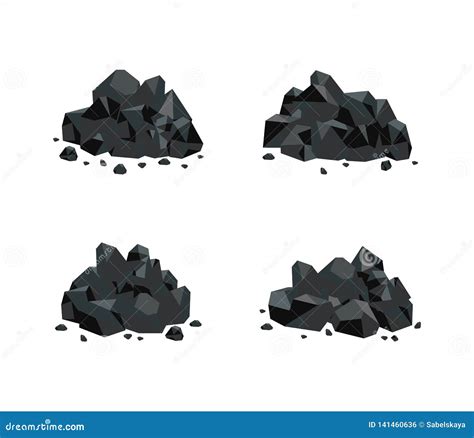 Vector Illustration Set Of Various Piles Of Black Coal Isolated On