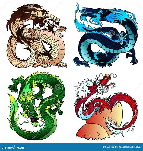 Set Four Strong Asian Colorfull Dragon Stock Vector Illustration Of