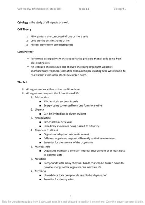 Ib Biology Standard Level Full Summary Notes Studylast