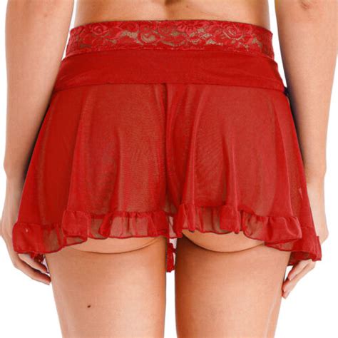 Womens Sexy See Through Mesh Mini Skirt Lace Trim High Waist Skirts With Thongs Ebay
