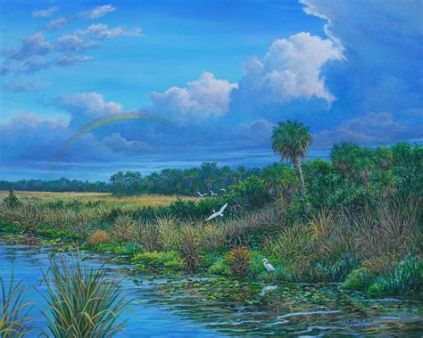 Fawns Paintings Savanna Skies Florida Landscape With Egrets And Palms