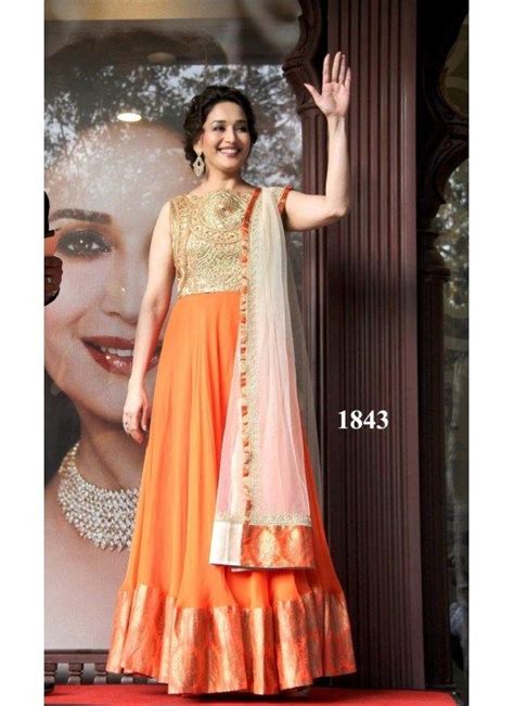 Madhuri Dixit Orange Anarkali Suit At Gadgil Jewellers Bottom Fabric