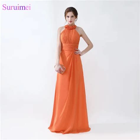 Orange Bridesmaid Dresses Cheap Floor Length Pleated Peach Color Chiffon On Sale Halter