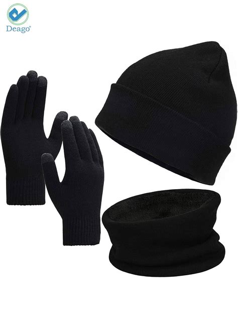 Deago Winter Beanie Hat Scarf Touchscreen Gloves Set For Men And Women