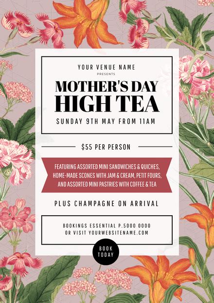 Mothers Day High Tea Event Template With Colorful Vintage Flowers Easil