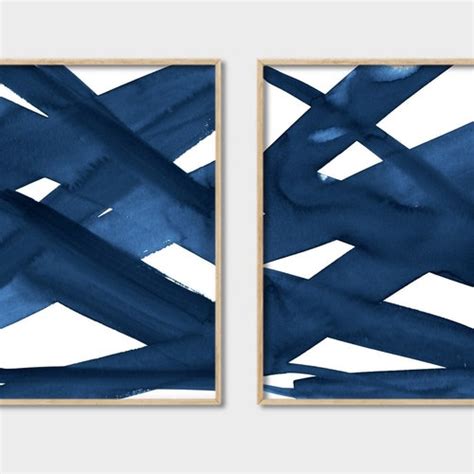 Blue Watercolor Art Set Of 3 Art Navy Blue Art Stripes Wall Etsy