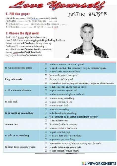 Justin Bieber Love Yourself Worksheet Live Worksheets