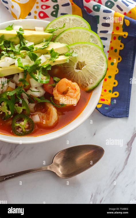 Spicy Mexican Shrimp Soup Caldo De Camaron With Avocado Diced Onions
