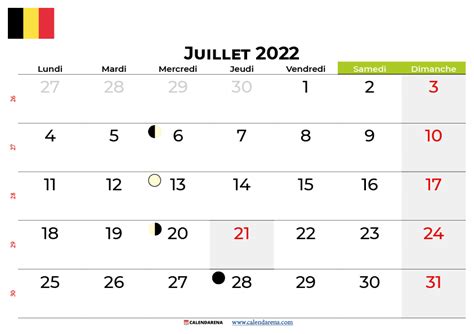 Télécharger Calendrier Juillet 2022 Belgique