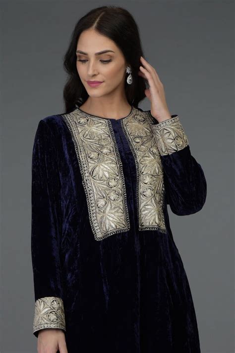 Midnight Blue Silk Velvet Kashmiri Tilla Embroidered Kurta Set Long