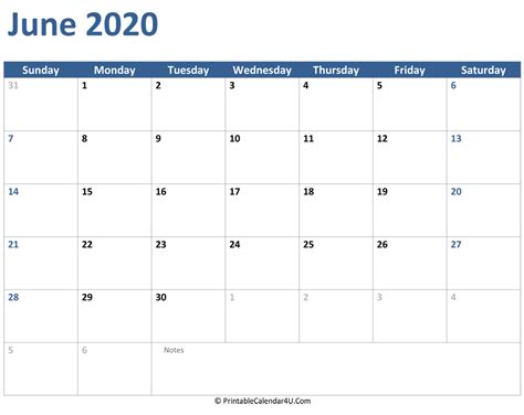 June 2020 Calendar Templates