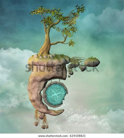 Mysterious Floating Island Tree Broken Clock Stock Illustration