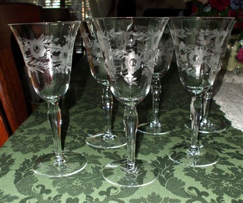 crystal stemware tall wine glasses etched floral leaves etsy