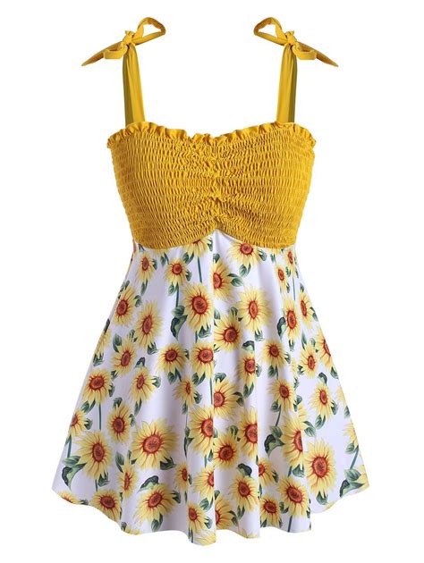 [35 off] 2021 plus size sunflower print smocked tankini swimsuit in bright yellow dresslily