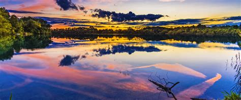 Mirror Lake Wallpaper 4k Sunset Reflection Dusk Clouds Scenery