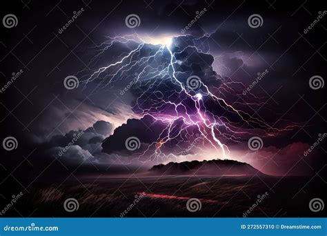 Dramatic Thunderstorm With Lightning Illuminating The Stormy Sky And