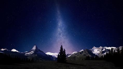 Wallpaper Trees Forest Mountains Galaxy Sky Stars