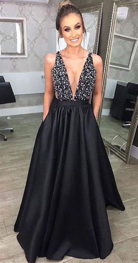 Fashion Deep V Neck Black Satin Long Prom Dresses With Pockets Pg867