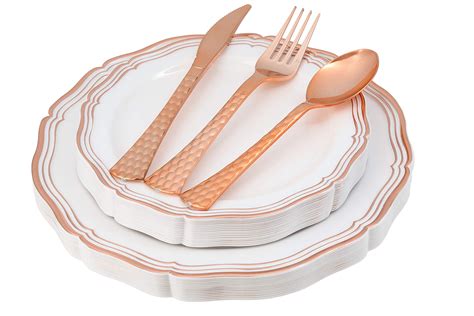 Rose Gold Plates And Plastic Silverware Party Plates 100 Piece White