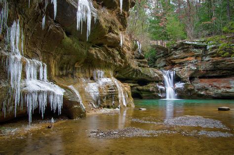Ohio Waterfall Upper Falls And Icicles At Old Mans Cave Hocking