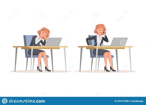 Office Woman In Suit At Desk With Laptop Engaged In Workflow Vector Set Stock Illustration