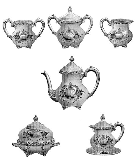 Digital Stamp Design Antique Silver Teapot Illustration Collage Sheets